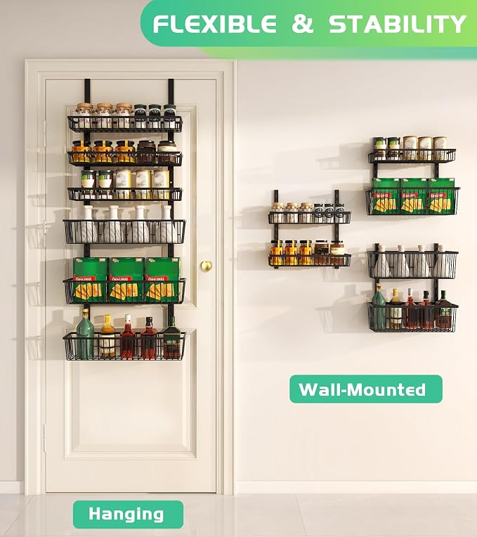 Mefirt Over The Door Pantry Organizer, Pantry Organization and Storage, 6-Tier Deep Baskets Hanging Heavy-Duty Metal, Wall Spice Rack Seasoning Shelves for Home & Kitchen, Laundry Room Bathroom, Black