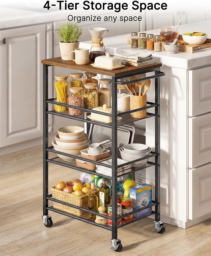 Pipishell Slim Storage Cart with Wheels, 4 Tier Rolling Bathroom Storage Cart with Handle and Wood Top, Metal Slim Kitchen Cart for Laundry Room, Bathroom, Kitchen, Narrow Space, Black & Rustic Brown