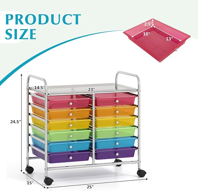 COSTWAY 12-Drawer Rolling Storage Cart, Utility Storage Organizer Cart for Tools, Scrapbook, Paper, Craft, Multipurpose Art Supply Organizer on Wheels for Home Office School, Teacher, Rainbow