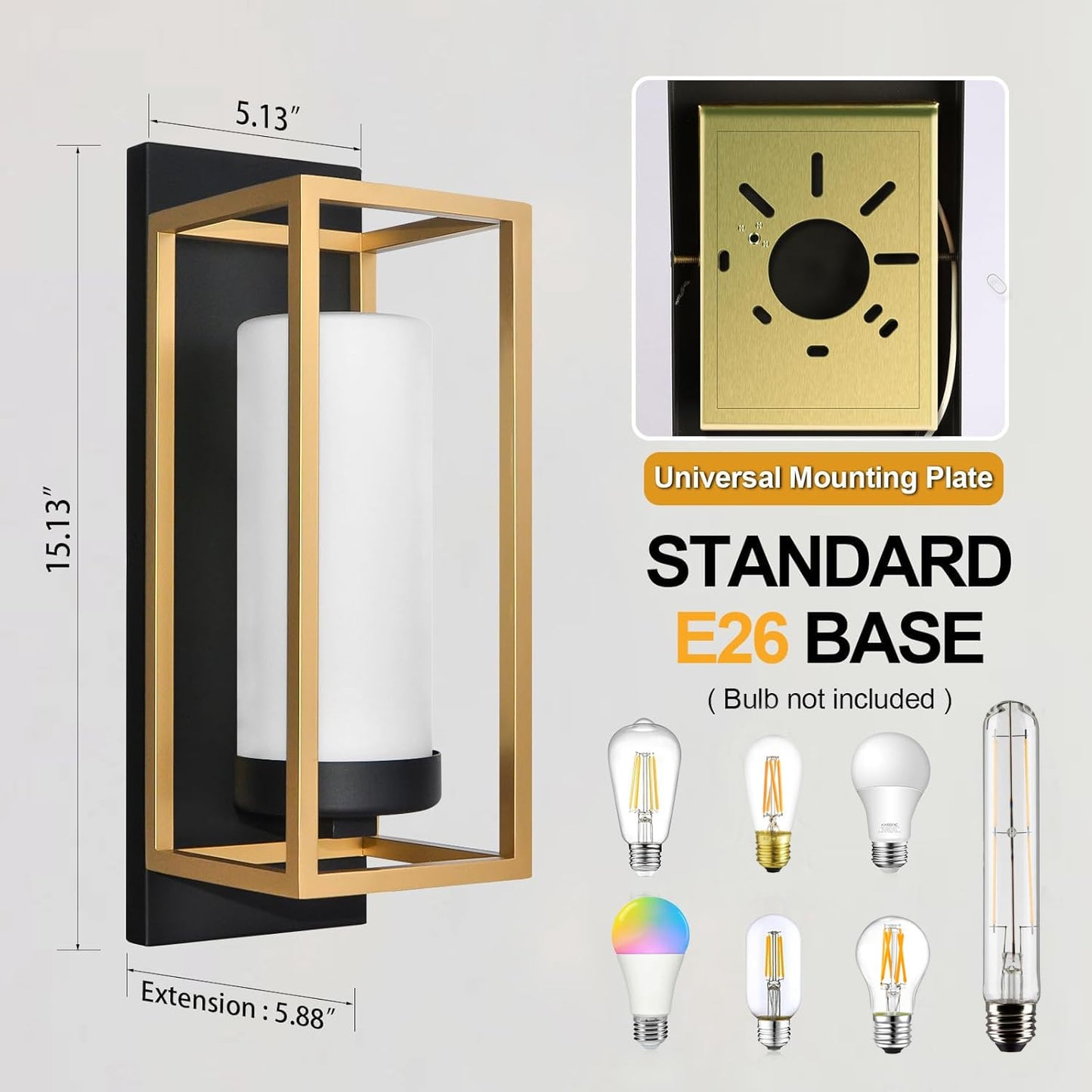 ALVIME Modern Outdoor Wall Lights 2 Pack, Brushed Gold & Matte Black Exterior Sconce, Waterproof Porch Light for House Garage Front Door Living Room Bathroom, E26 Base Etched Opal Glass