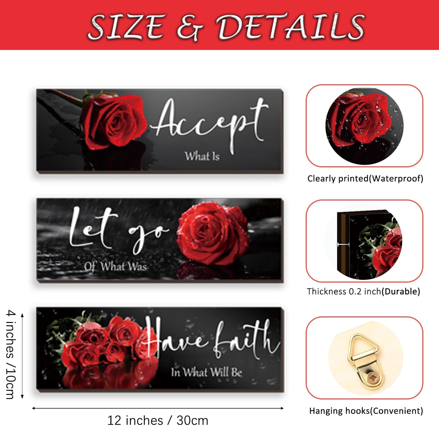 3 Pcs Red Decor Flower Inspirational Wooden Wall Art Red Roses Office Wall Decor with Accept Let Go Have Faith Positive Quotes for Girl Women Bathroom Living Room Bedroom(Red Rose12 x 4 Inch)