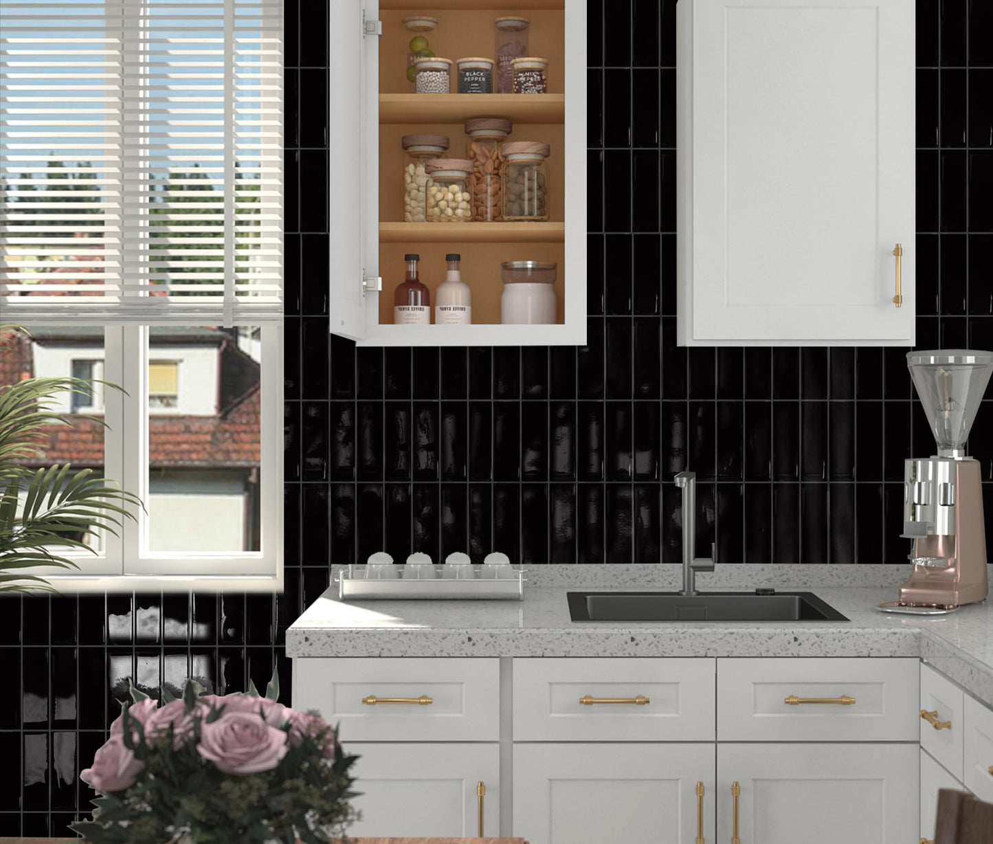 DEWOO Black Rectangle Peel and Stick Subway Backsplash Self Adhesive Wall Tile Stickers for Kitchen Bathroom Brick (10-Sheet, 12"×12")