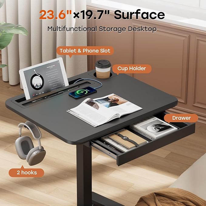 Small Mobile Standing Desk with Drawer, 23.6"x19.7" Rolling Laptop Cart on Wheels, Height Adjustable Sit Stand Computer Workstation with Storage for Compact Space, Black