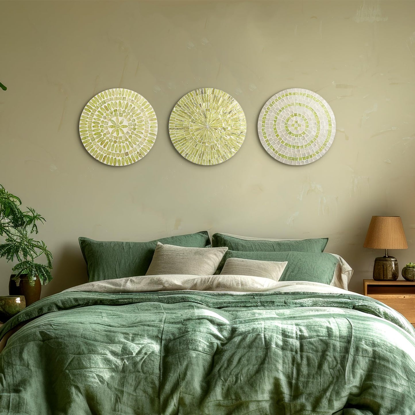 Tioncy 3 Pcs 11.8 Inches Spring Lime Green Mother of Pearl Shell Plate Lime Green Wall Art Mosaic Wall Sculpture Shell Handmade Hanging Plates Arts for Bedroom Bathroom Home Office Hotel