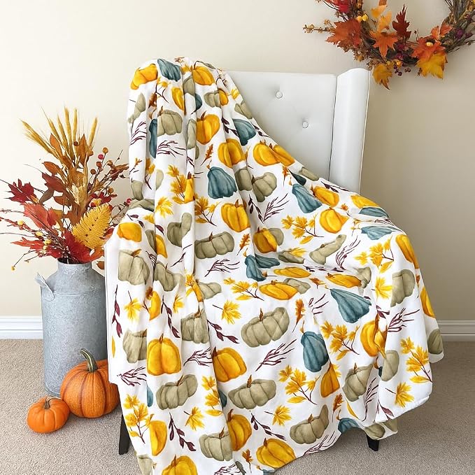 Serafina Home Autumn Fall Fleece Throw Blanket: Thanksgiving Soft Velvety Blanket for Couch Bed Sofa, 70" x 50" (Pastel Pumpkins)