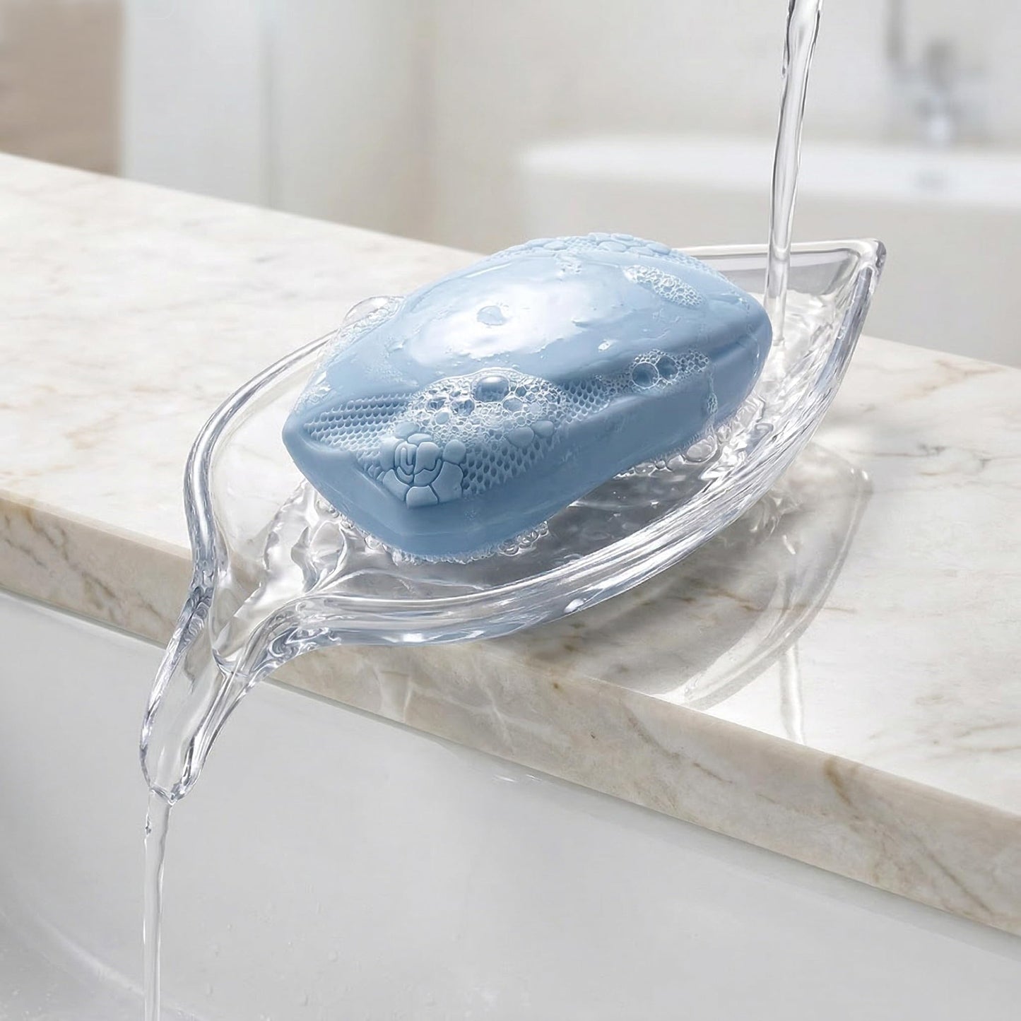 NEWHENGS Self Draining Decorative Leaf Shape Clear Glass Bar Soap Dish, Heavy Soap Holder for Bathroom, Sink and Kitchen