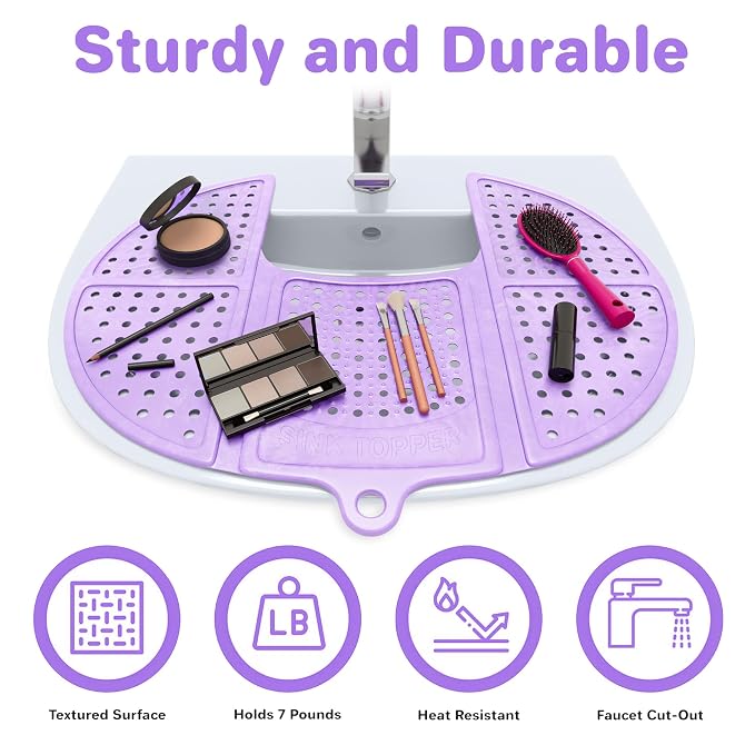 Sink Topper Bathroom Counter Cover & Storage Saver, Foldable Silicone Mat for Hot Tools, Hair Styling & Makeup, Beauty Brush Cleaning Mat, RV Camper Sink Cover & for Small Spaces (Standard Lavender)