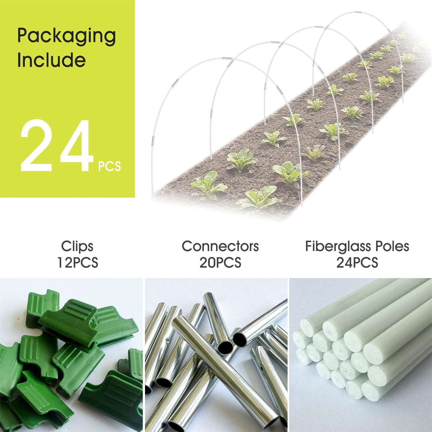 24 PCS Garden Hoops for Raised Beds, RIFNY Greenhouse Hoops Kit Long Grow Tunnel for Row Cover, Rust-Free Fiberglass Garden Support Poles for Insect Mesh Netting Freeze Plant Cover Frame