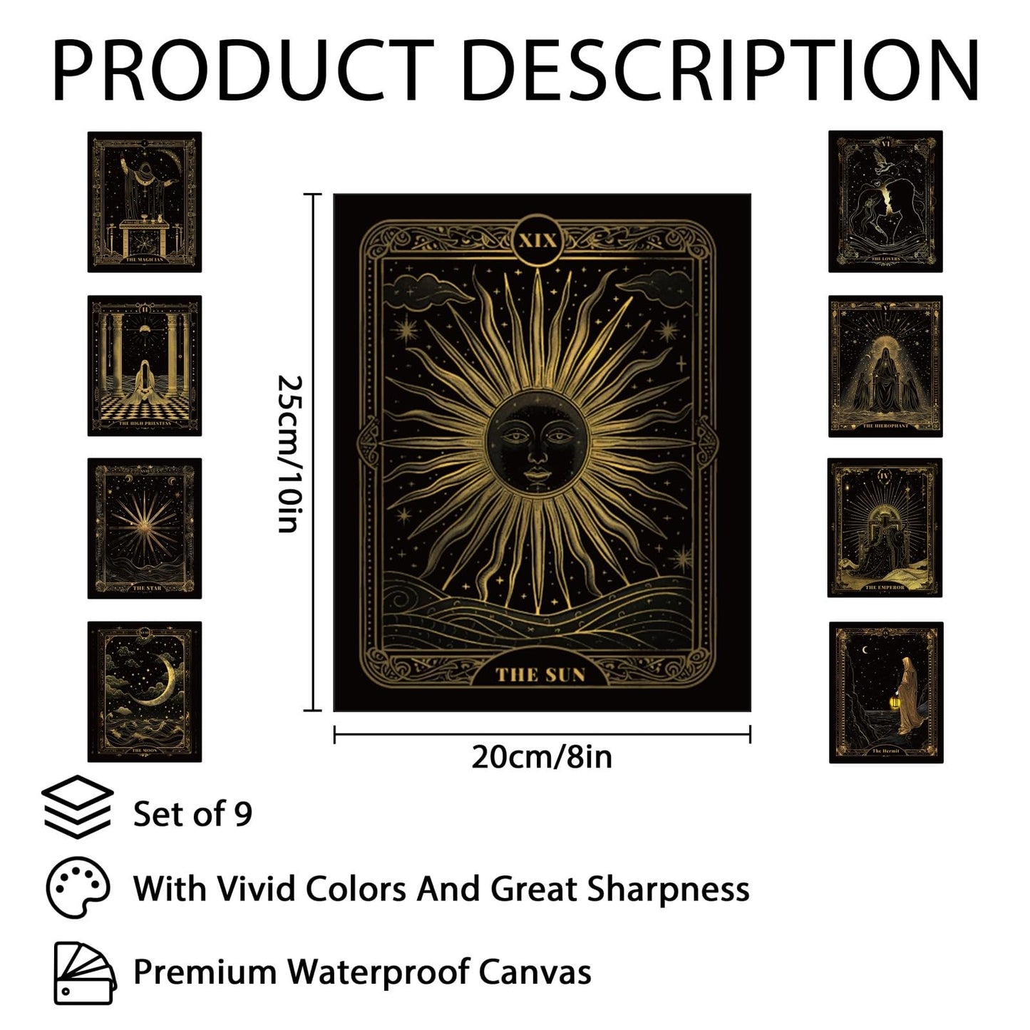 CRAFTYMELODY Tarot Wall Art Prints Set of 9 Gold Black Tarot Theme Poster Wall Decor Home Artworks for Gallery Living Dining Room Bedroom Bathroom Home Decoration 8x10 Inch Unframed