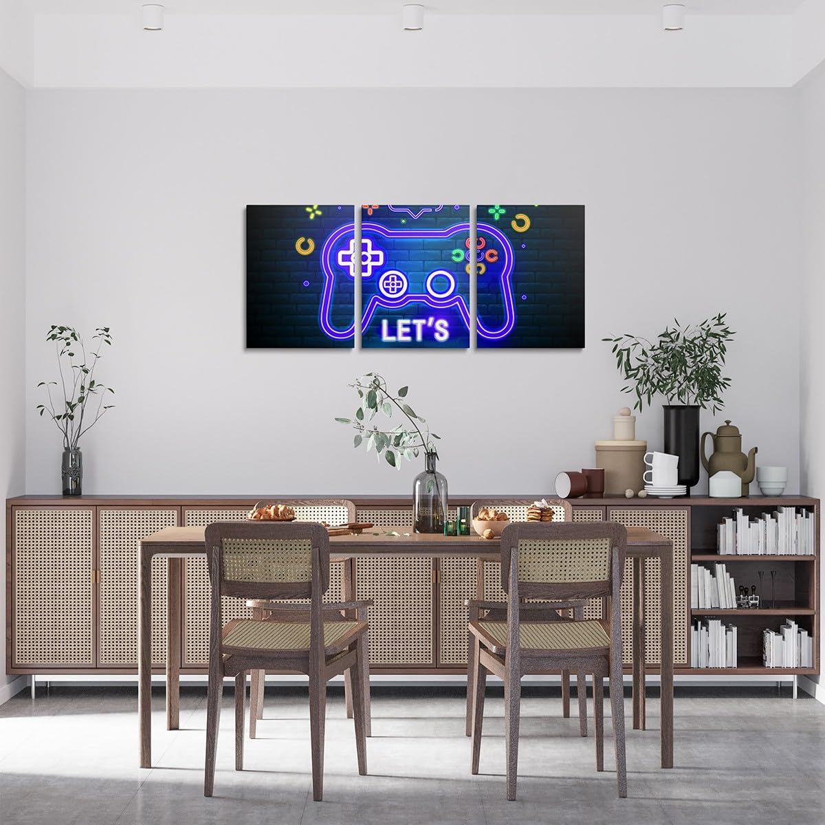 Feelyou 3pcs Blue Gamer Canvas Wall Art for Living Room Gaming Picture Wall Decor for Dining Room Bedroom Bathroom Neon Game Controller Wall Art Kitchen Print Painting for Boys Game Home Decorations