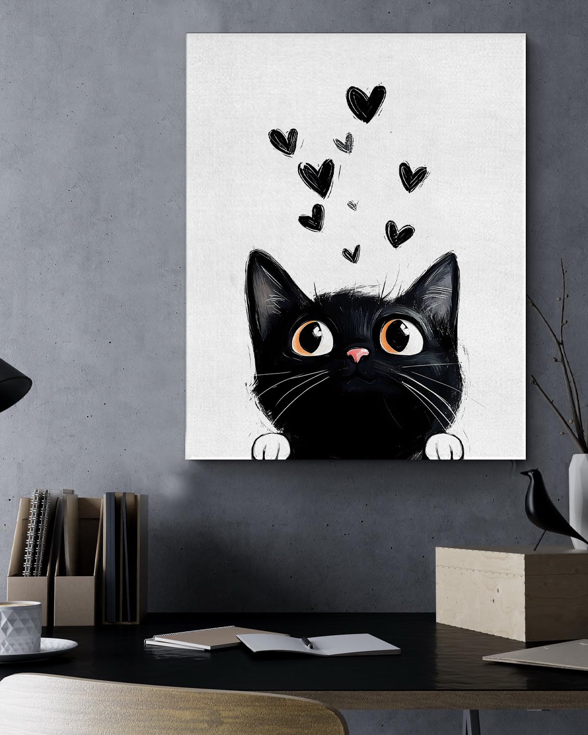 Cute Cartton Cat Canvas Wall Art Black Kitten Print Poster Framed Painting for Home Living Room Bedroom Wall Decor 8x10 Inch, Cat Lover Gifts