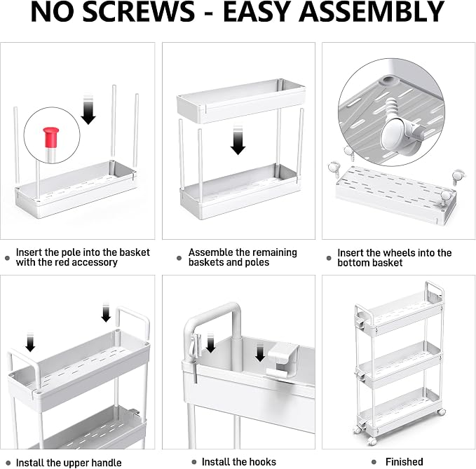 SOLEJAZZ Slim Rolling Storage Cart with Wheels 3 Tier Skinny Bathroom Storage Organizer Thin Laundry Room Utility Cart Space-Saving for Bedside Kitchen Office Small Narrow Places, White