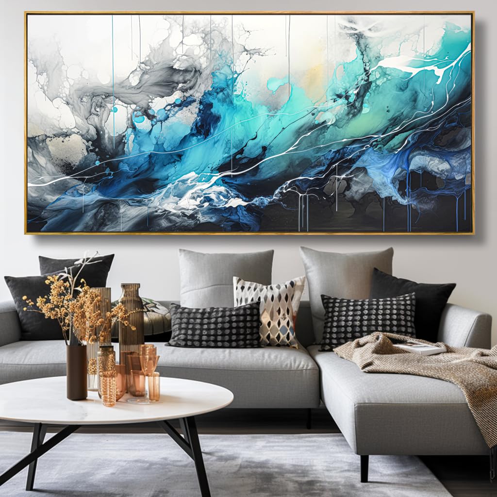 Wall Art Abstract Canvas Painting Teal Blue Modern Artwork for Living Room Bedroom Dining Room Home Office Decor 20"x40" with Framed