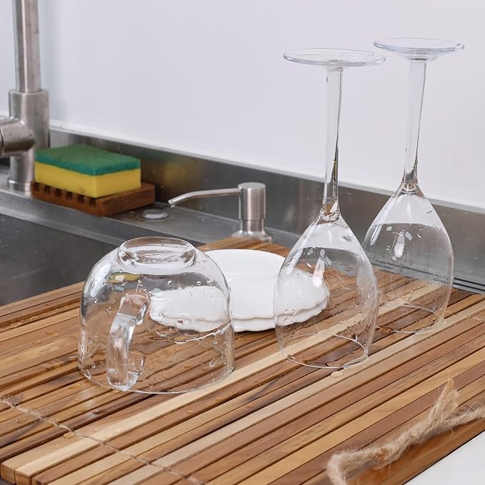 HTB Over Sink Dish Drying Rack 17.8'' x 16.1, Kitchen Teak Wood Roll Up for Dishes,Plates, Bowls, Wooden Cover Counter Space