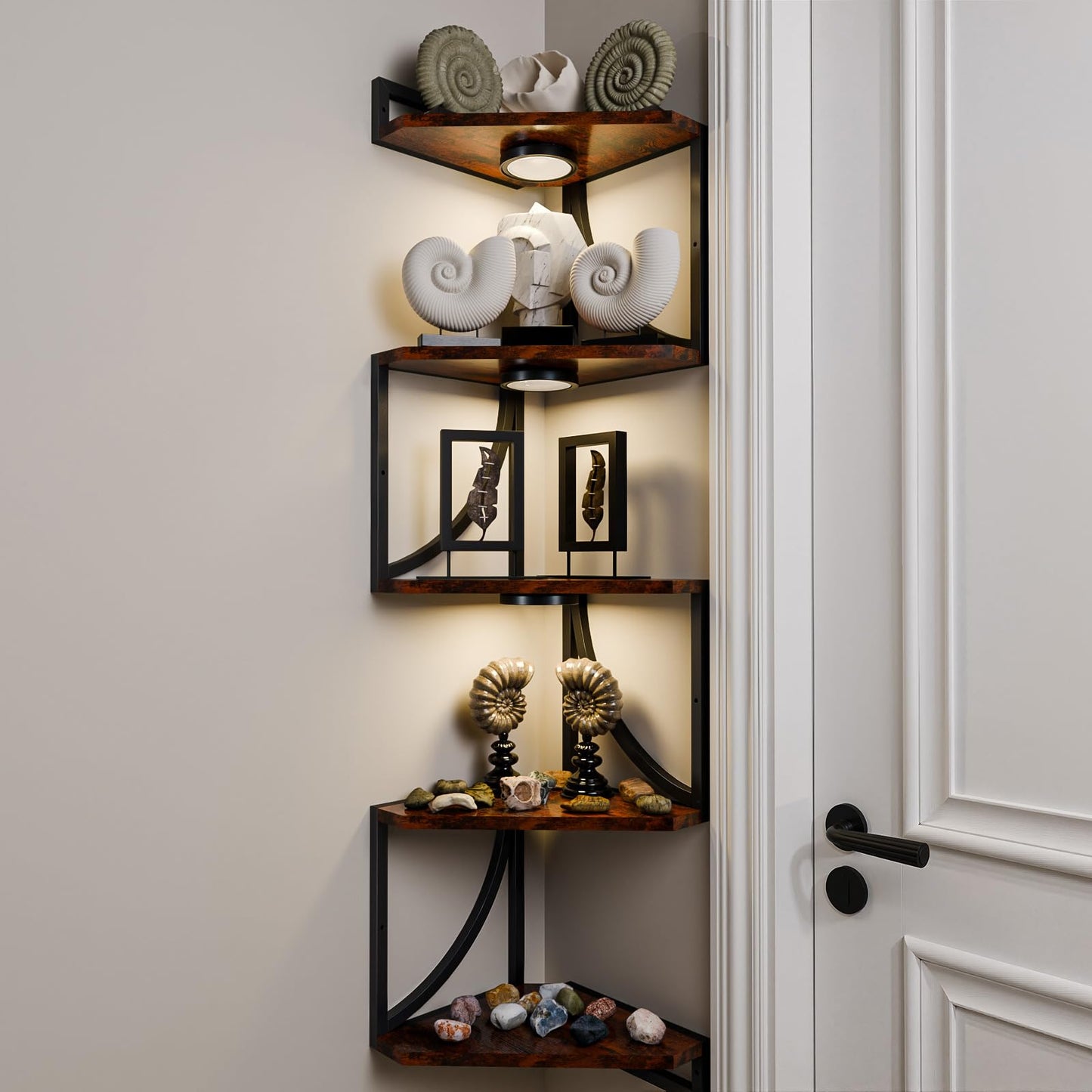 HAAYOT Corner Shelf Wall Mounted with Lights, 5-Tier Floating Metal Shelves for Living Room, Bedroom, Rustic Brown