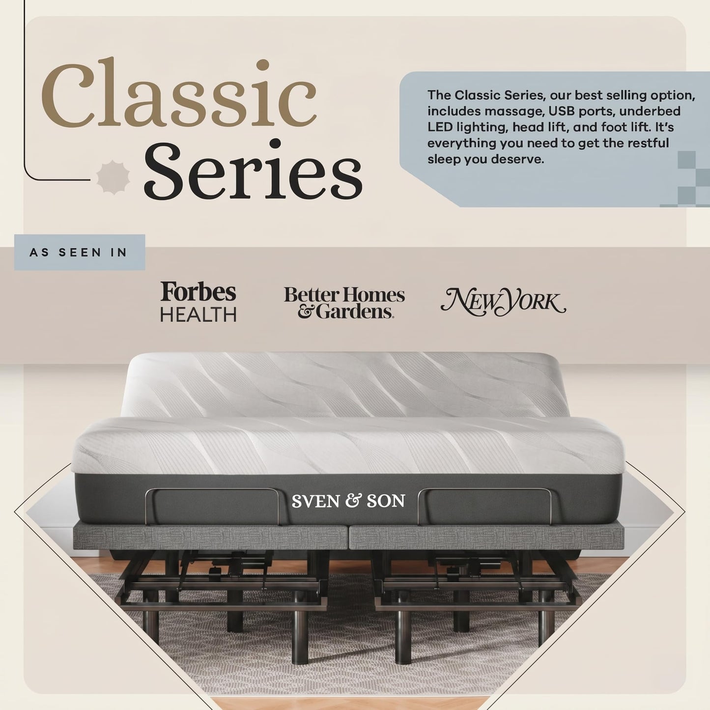 Sven & Son Classic Adjustable Bed Base, Head and Foot Lift, Massage, Under-Bed Lights, USB, Gel Memory, Zero Gravity Smart Frame - King + 12 inch Memory Foam Matt (Medium)