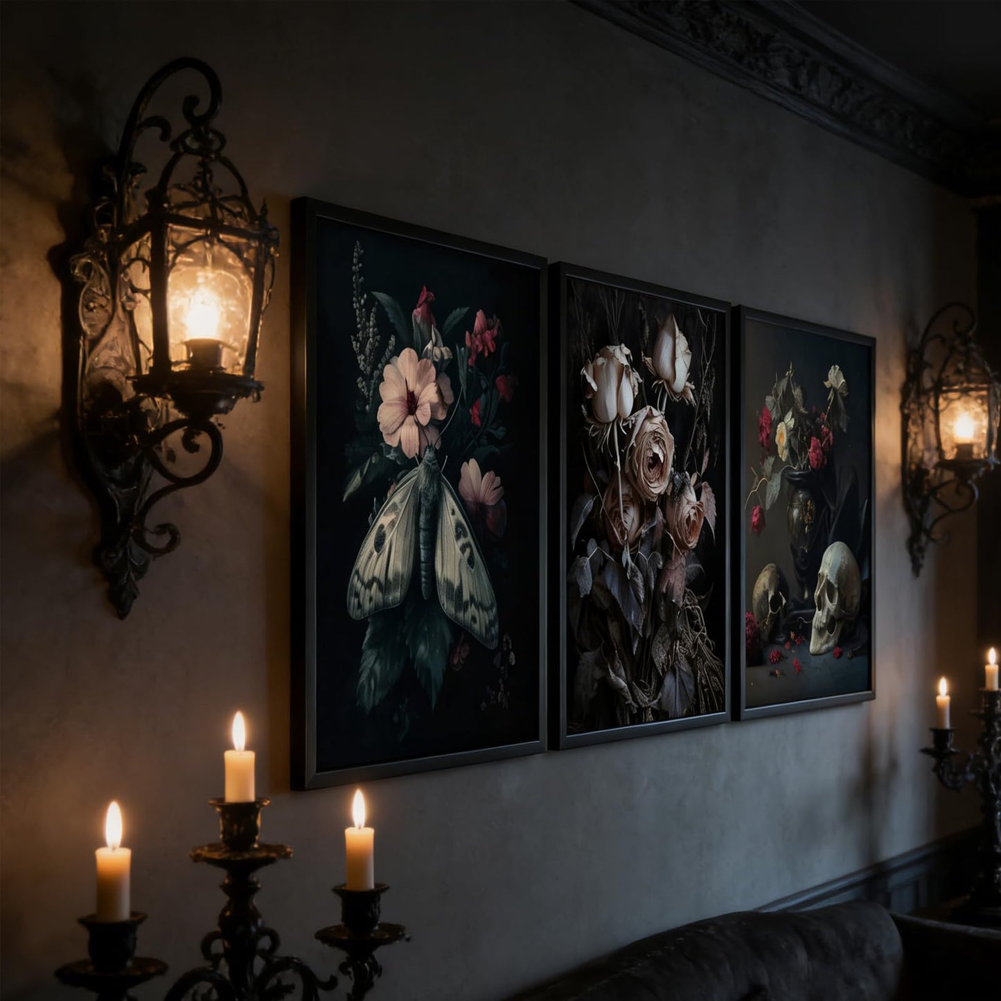ASEKBWL 3Pcs Gothic Poster Wall Art Dark Academy Moth Rose skull Horror Painting Picture Wall Decor Creepy Moody Halloween Canvas Print Artwork for Bathroom Living Room Study Home Decoration Unframed