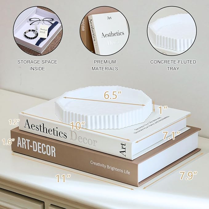Decorative Plaster Tray & Book Decor Set - Scalloped Tray & Decorative Books Box Enhance Coffee Table or Bookshelf Decor - Modern Home Decoration for Living or Dining Room & as Housewarming Gift