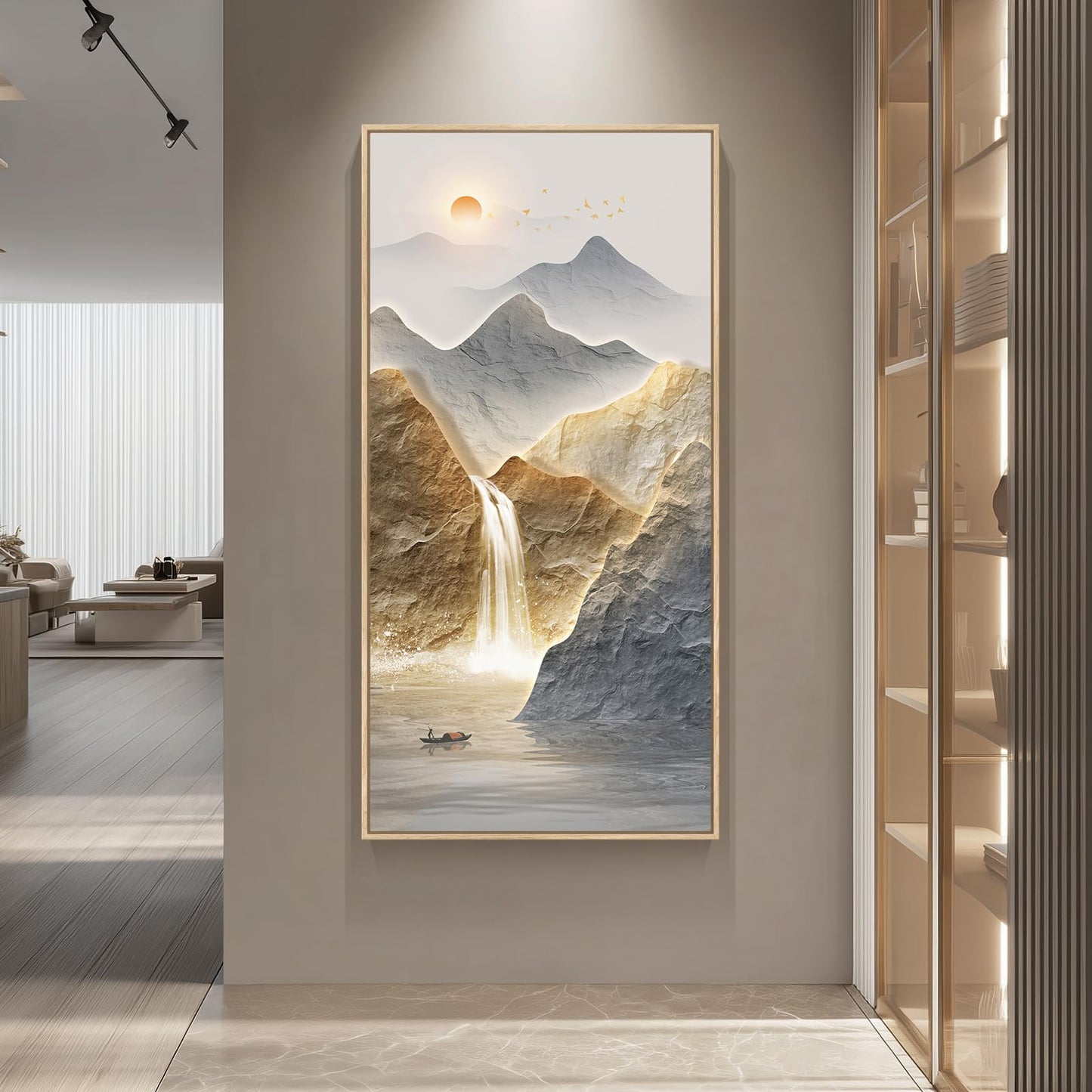 Framed Luxury Mountain Wall Art for Hallway, Extra Large Modern Landscape Canvas Artwork, Blue Gold Nature Sunrise Waterfall Painting Print for Living Room Entryway Home Office Wall Decor, 30x60 Inch