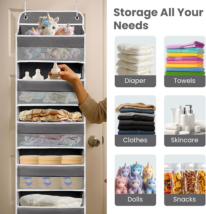 Easy Assembly Over The Door Organizer, 6 Shelves& 10 Side Pockets, Heavy-Duty Reinforced Mesh Rack Holds 44lb, Hanging Behind Door Storage for Bathroom Pantry, Nursery, Closet, Shoes, Towels-Dark Grey