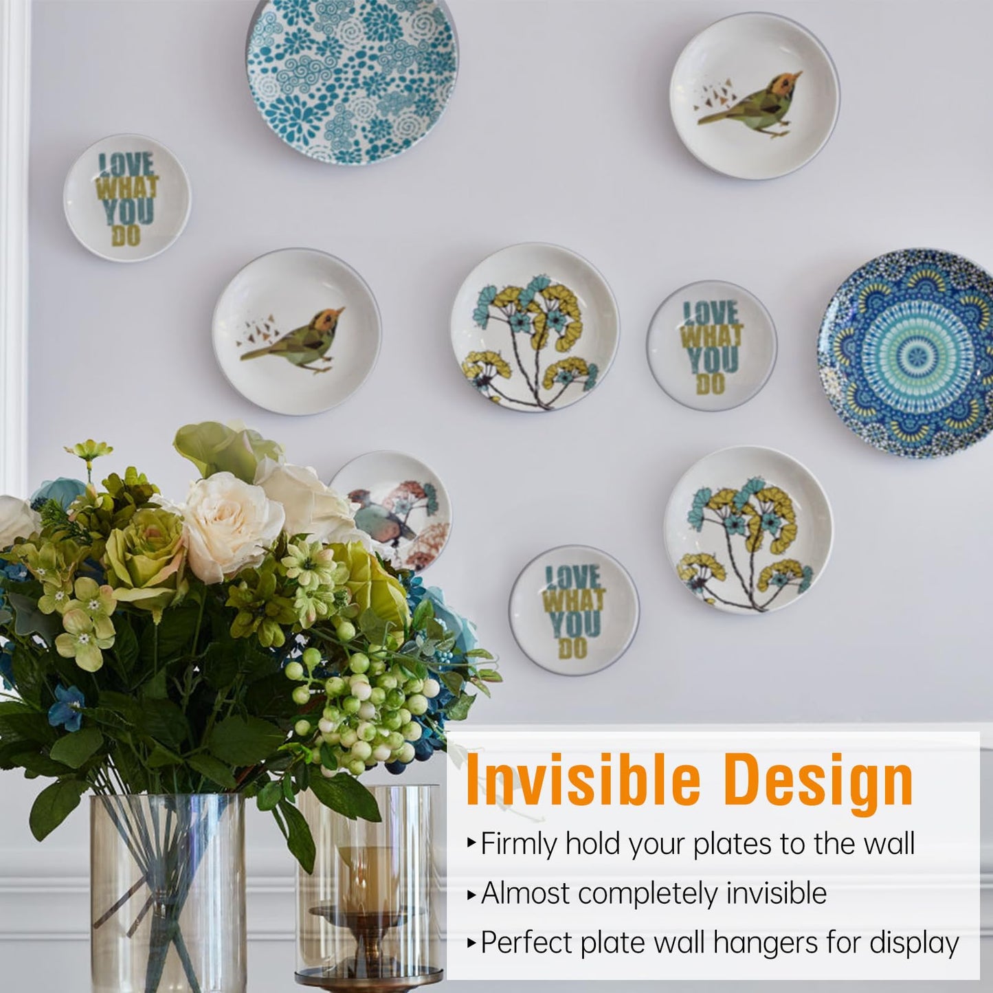 Bilillo Plate Hangers for The Wall, Suitable for 12-16 inch Decorative Plate, Stainless Steel Invisible Heavy Duty Wire Plate Holder with Wall Hooks, Plate Hangers for Displaying Plates, Silver