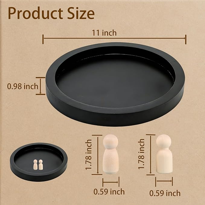 11 Inches Round Wooden Tray Decor,Black Decorative Trays for Home Decor,Round Wood Tray for Coffee Table Candle Holder Vintage Table Farmhouse (Black)