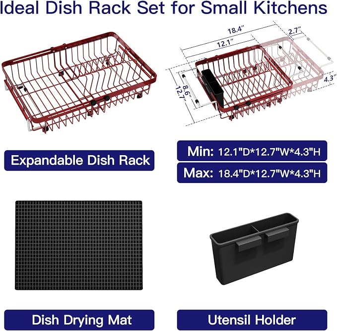 MAJALiS Red Dish Drying Rack Over The Sink with Utensil Holder, Mat | Expandable Stainless Steel Dish Drainer for Small Kitchen, Apartment, RV, Counter Space Saving, Perfect Fit, Rustproof