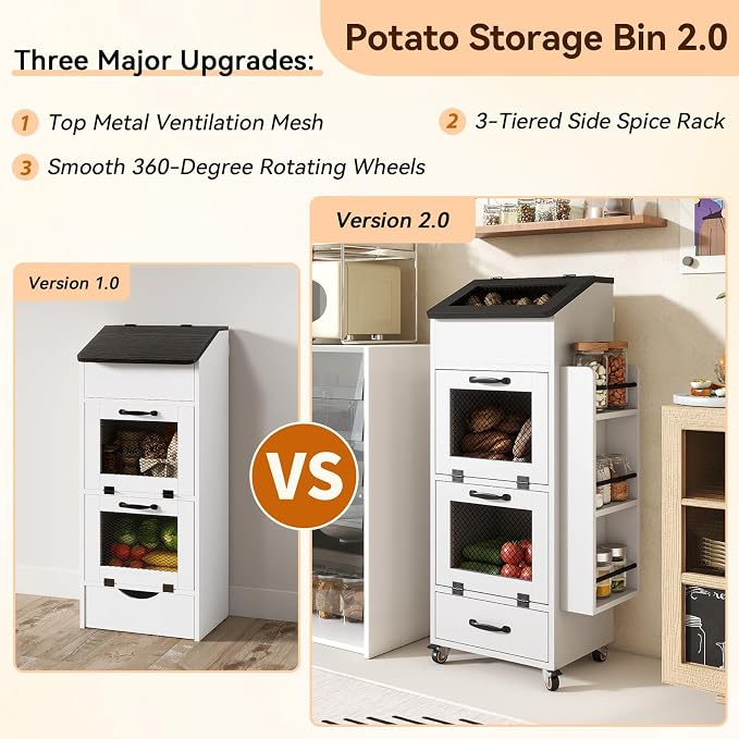 Verano Garden Potato and Onion Storage Bin on Wheels, Wood Bread Box with Lid & Mesh Doors, 4-Tier Rolling Fruit and Vegetable Storage Organizer w/Drawer & Side Rack for Kitchen (White, 16.0")