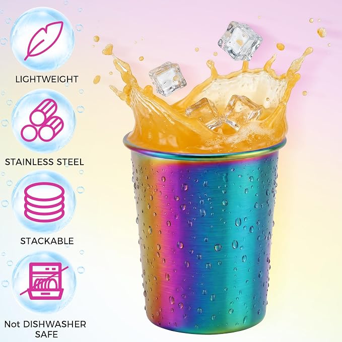 Mimorou 20 Pack 8 oz Stainless Steel Pint Cups Metal Cups Unbreakable Drinking Water Tumblers Stackable Tumbler for Adults Bar Home Restaurant Travel Picnic Camping Outdoor (Rainbow)
