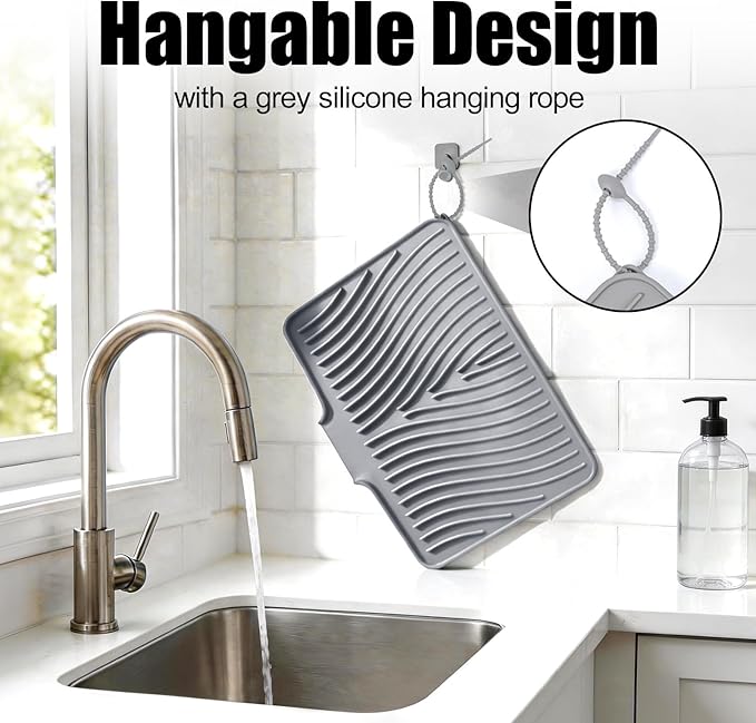 TIKNIK Silicone Dish Drying Mat for Kitchen Counter - Heat Resistant & Non-Slip Dish Drain Pad with Built-In Drain, Dishwasher Safe, Quick-Dry, Hangable & Roll-Up for Storage, Grey-1pcs, 16" x 12"