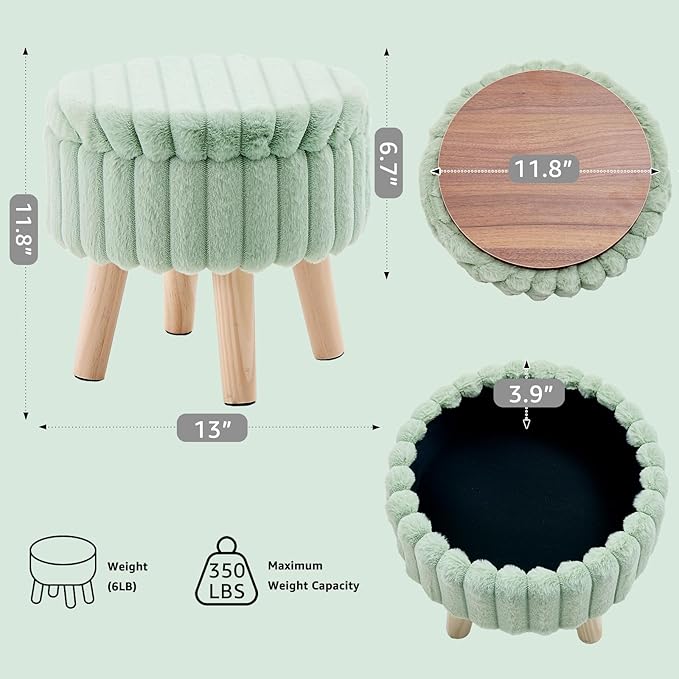 Wimarsbon Storage Ottoman, Modern Round Footrest with Soft Padded Seat, Teddy Velvet Footstool with Wood Legs, Accent Small Table or Plant Stand for Hallway, Living Room (Light Green)