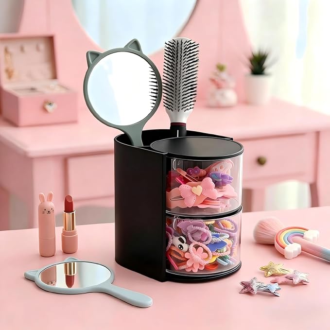 Luscinia Hair Accessories Organizer with Hair Brush Holder, Rotatable Makeup Brush and Jewelry Storage Box for Hair Clips, Earrings, Necklaces, Bracelets, Rings, and Daily Accessories (Black, 2-Layer)