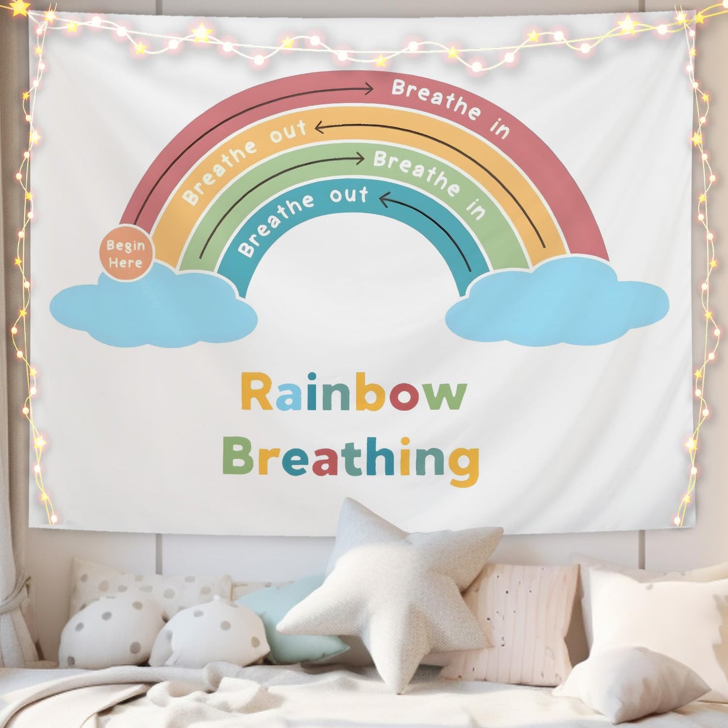 CIOJUNE Boho Rainbow Mental Health Tapestry, Rainbow Breathing Tapestries Wall Hanging for Classroom, Anxiety Relief Tapestry Wall Decor Backdrop for Calming Corner School Counselor Office, 50x60 Inch