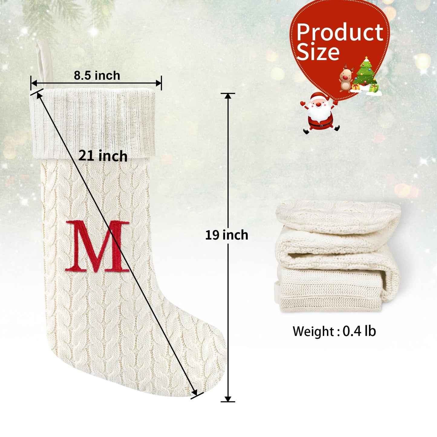 Yoochee 21 Inches Knitted Christmas Stockings with Initials, Large White Custom Monogram Embroidery Christmas Stockings with Letter, Personalized Xmas Decoration for Holiday Family Party-M