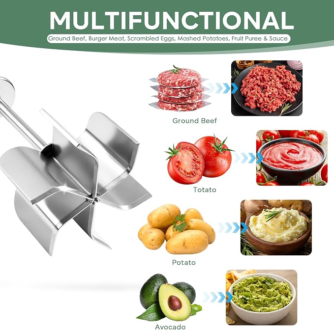 Stainless Steel Meat Chopper & Masher - Heavy Duty 6 Curve Blades Ground Beef Chopper Tool with Wooden Handle, Heat Resistant Meat Masher, Hamburger Smasher & Multi-Use Kitchen Tool