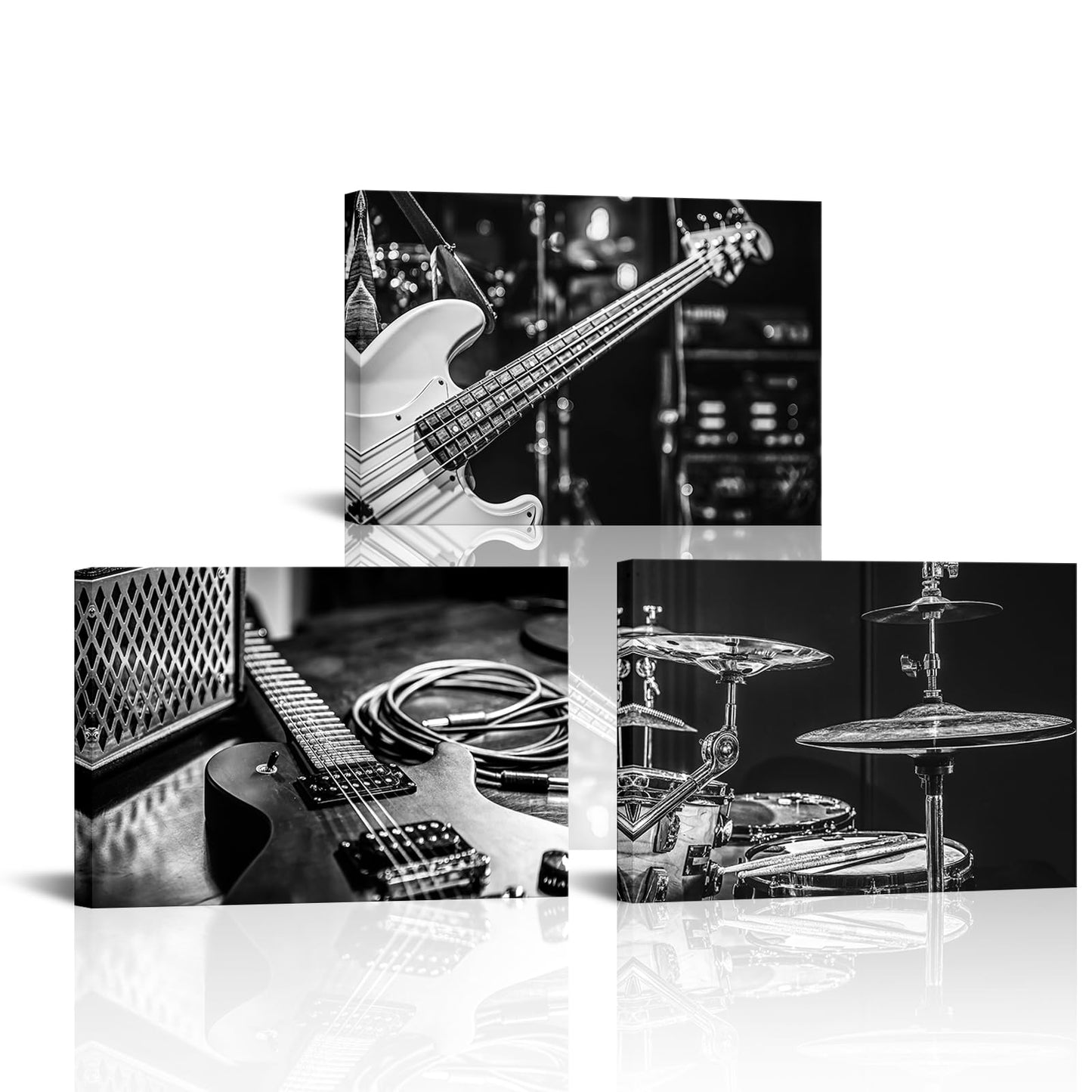 OuElegent Music Instrument Canvas Wall Art Rock and Roll Band Painting Black and White Guitar Drums Picture Prints Artwork for Home Decor 16"x24"x3 Pcs