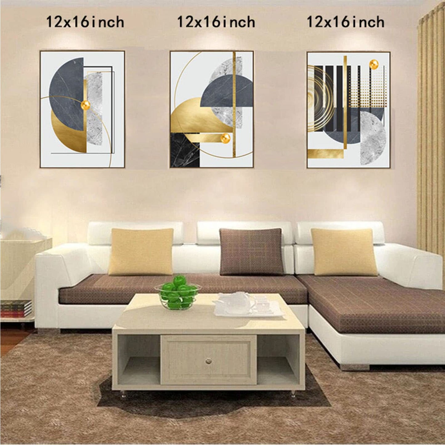 3Pcs Black Gold Canvas Wall Art Decor, Abstract Framed Painting Poster Print Nordic Luxury Geometric Artwork for Living Room, Marble Wall Painting for Bedroom Dining Room 12x16 in