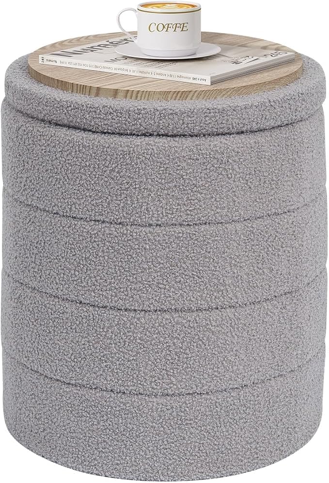 PINPLUS Round Storage Ottoman Foot Rest Stool with Tray Velvet Sherpa Folding Storage Ottoman,Boucle Foot Rest for Living Room, Bedroom, Dorm（Grey）