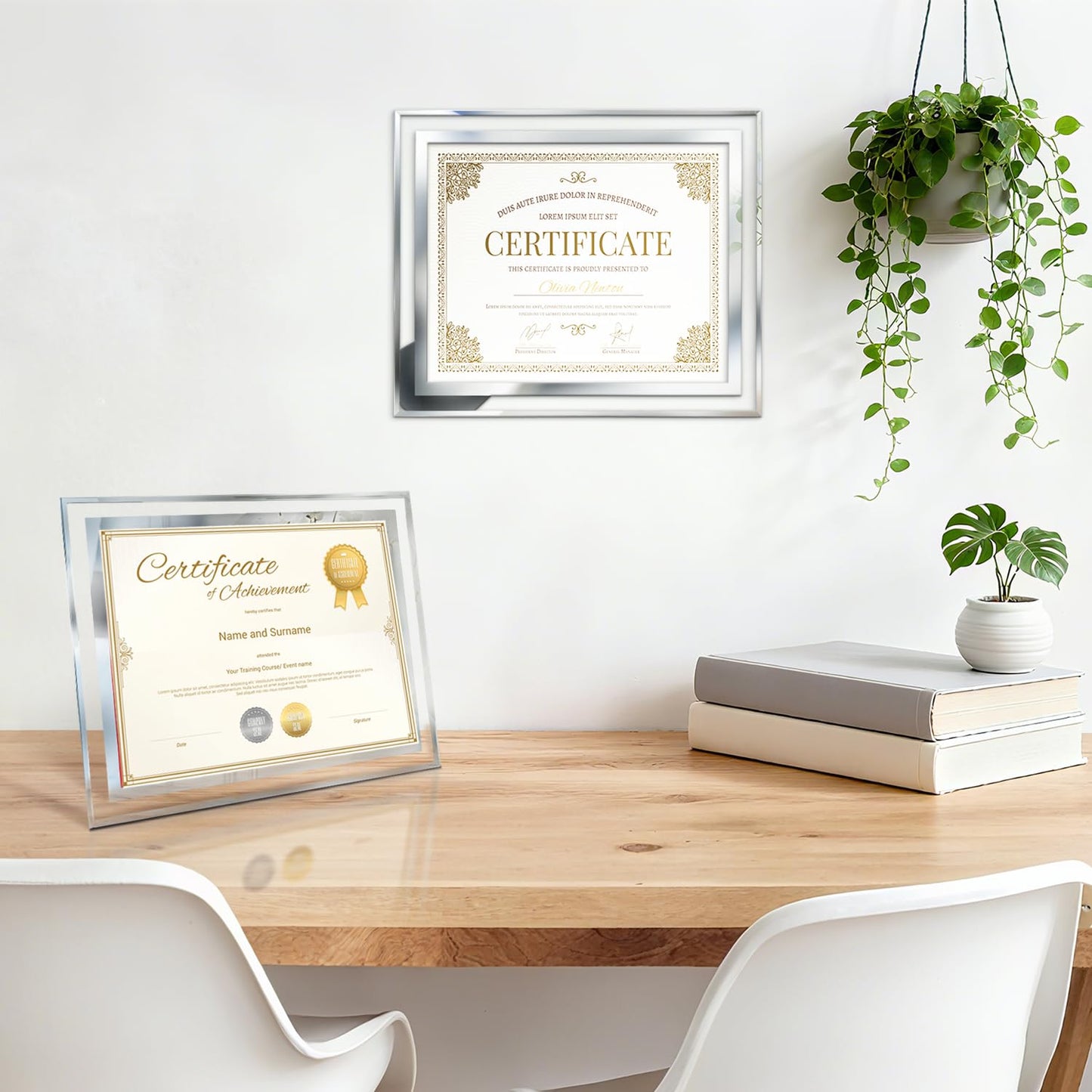 SIMON'S SHOP 4 Pack Picture Frames 8.5 x 11 Frames for Certificates and Awards 8 1/2 x 11 Wall and Tabletop Frame Set, Clear with Silver Trim