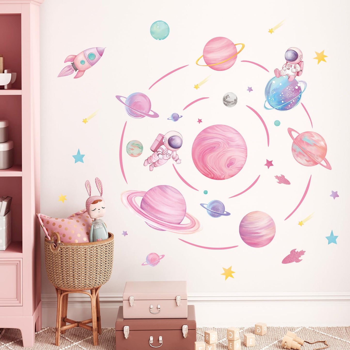 fufuquare Pastel Pink Planet Orbits Wall Decals, Fantasy Outer Space Themed Wall Stickers with Rocket Astronaut and Stars for Kid's Bedroom, Nursery, Playoom, Peel and Stick Reusable