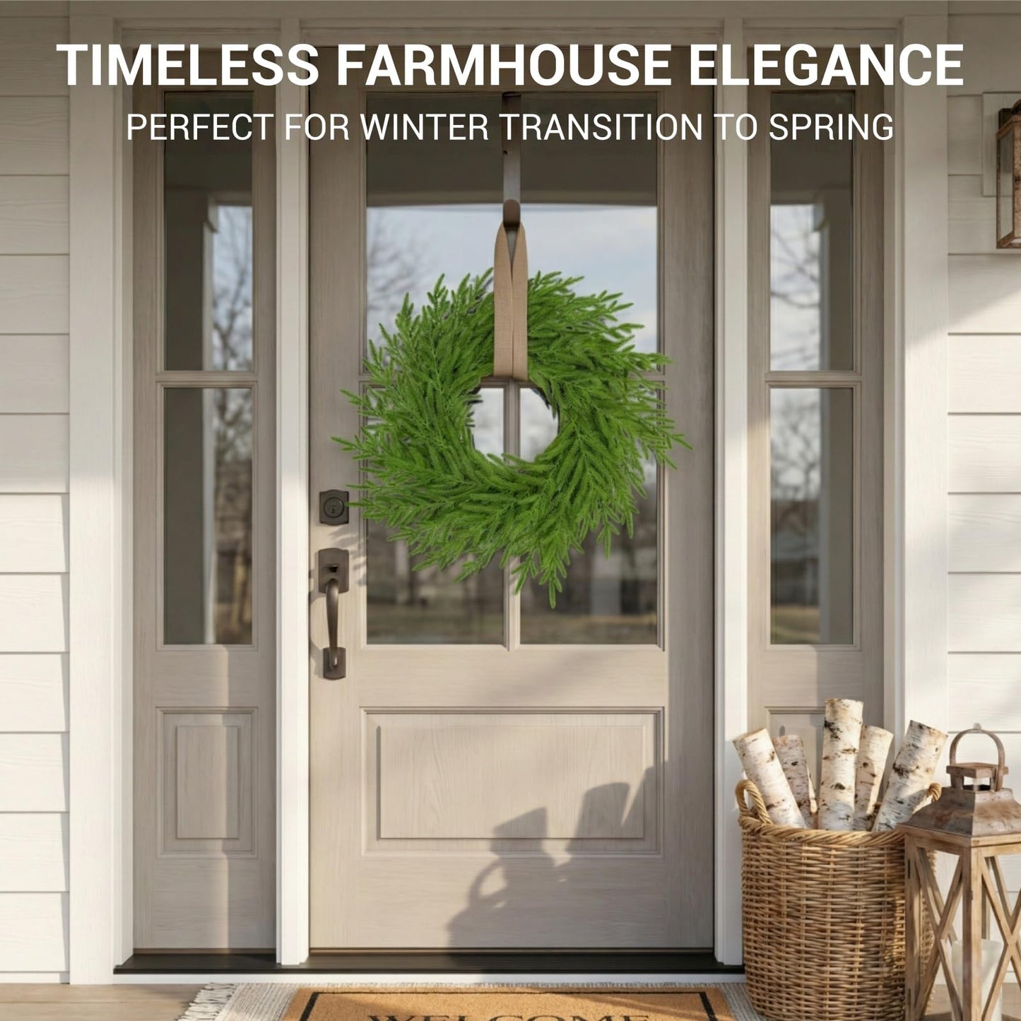 24" Real Touch Norfolk Pine Wreath for Front Door – Artificial Winter Greenery & Farmhouse Wall Decor, All Season Faux Evergreen Round Garland for Spring, Mantel & DIY Base (Waterproof)
