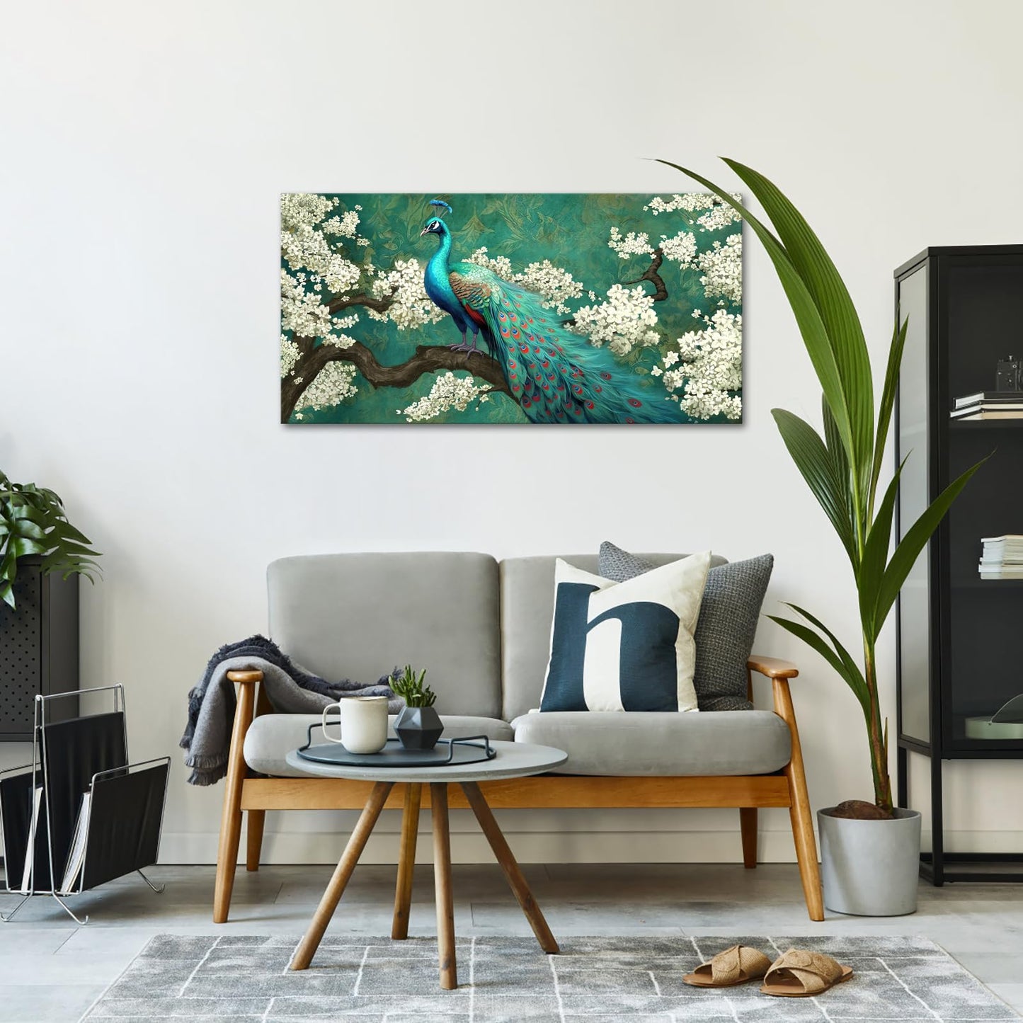 OuElegent Peacock Canvas Wall Art Green and White Flower Elegant Animal Painting Pictures Artworks for Living Room Bedroom Wall Decor Ready to Hang 24"x48"