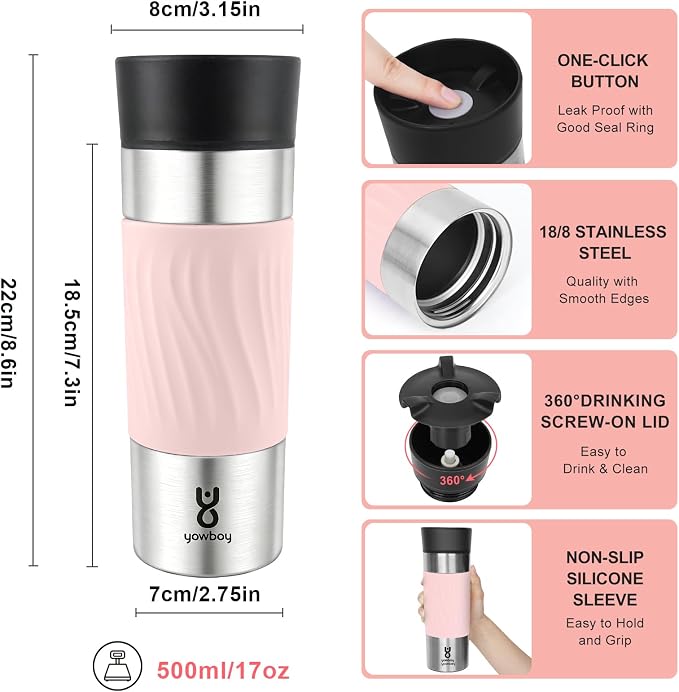 Travel Coffee Mug with 360°Lid, Travel Coffee Tumbler 16 oz Leak Proof, Stainless Steel Insulated Travel Mugs for Hot and Cold Spill Proof Leak Proof(Pink)