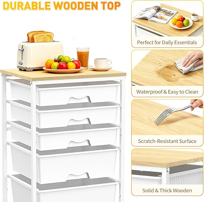 SUNALLY Rolling Carts With 5 Drawers, Storage Drawer Carts with Wooden Tabletop and 2 Lockable Wheels, Rolling Utility Cart for Craft Art Supply Storage & Home Office Organization, White