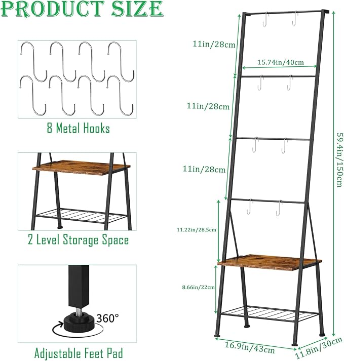 Blanket Ladder, 6-Tier Towel Holder with Shelf, Blanket Rack Freestanding, Ladder Shelf with Hooks for Towels Clothes Scarves, Standing Towel Rack for Bathroom Living Room Bedroom, Brown