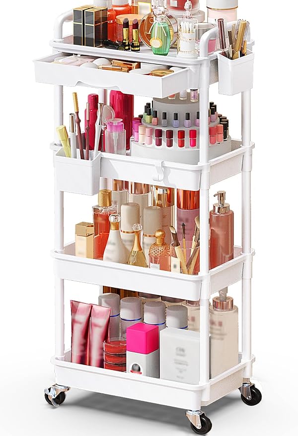SUNALLY Makeup Cart Organizer with Drawers, 4 Tier Floor Skincare Organizers for Vanity, Rolling Makeup Bathroom Storage Cart Cosmetics Display Cases for Skin Care Perfume Nail Polish, White