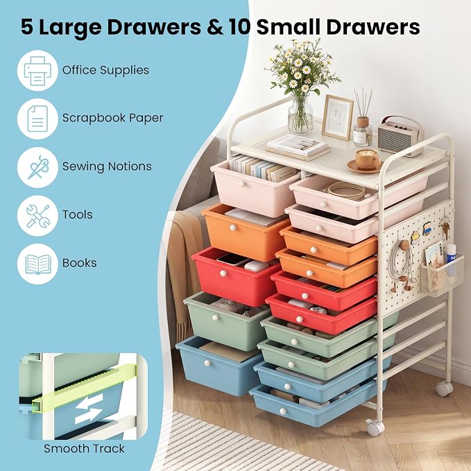 GOFLAME 15-Drawer Rolling Storage Cart with Pegboard, Craft Storage Cart with Lockable Wheels and Metal Frame, Art Cart Supply Storage Organizer for Home Office Classroom, Macaron Color