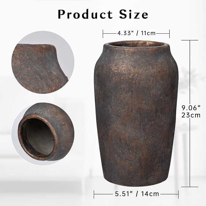 Briful Rustic Vintage Ceramic Vase, 9.06'' Farmhouse Table Decor with Wide Mouth, Large Decorative Vase for Home Decor, Living Room, Entryway & Shelf Styling, Brown