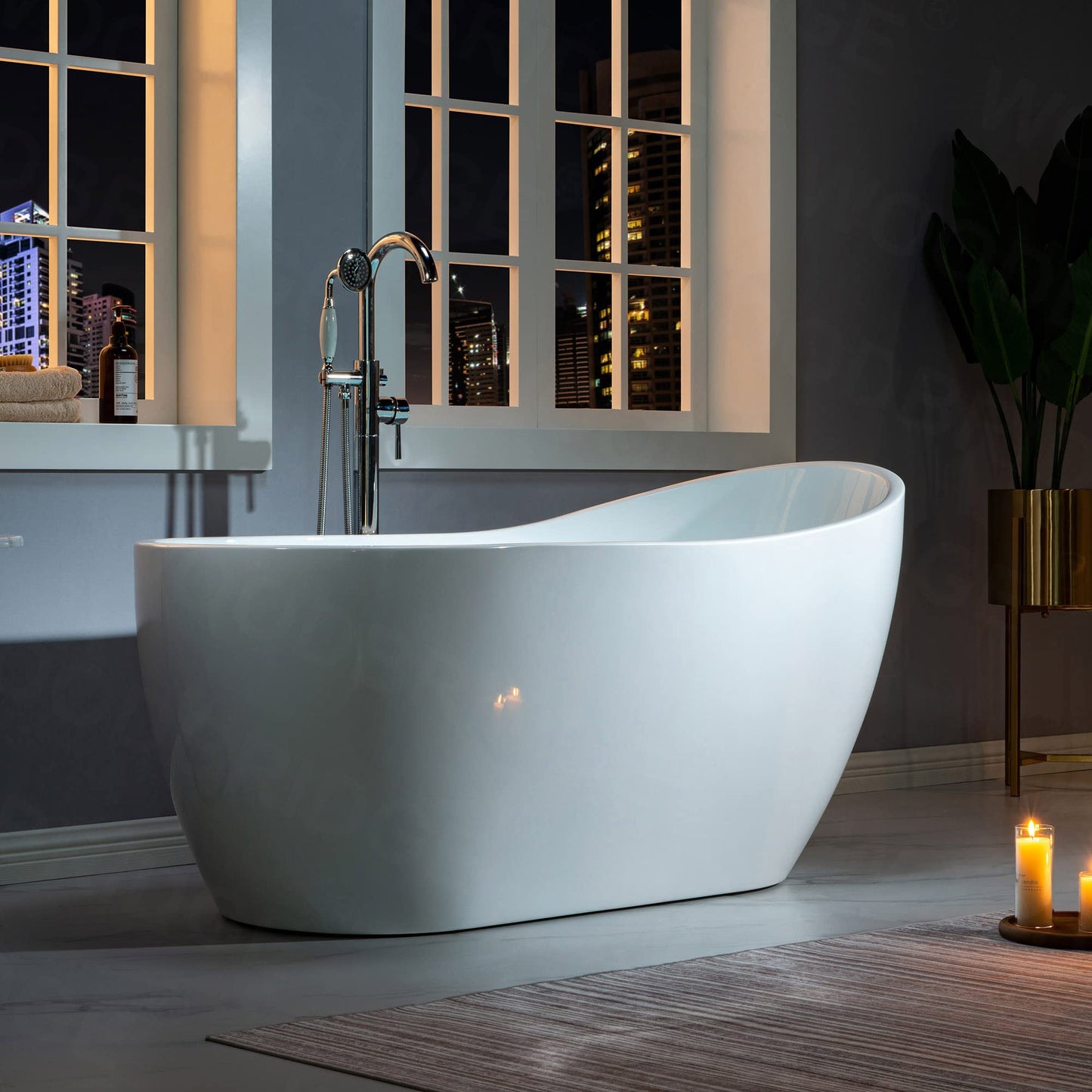 WOODBRIDGE 59" Acrylic Freestanding Bathtub Contemporary Soaking White Tub with Brushed Gold Overflow and Drain，B1530-BG-Drain&O