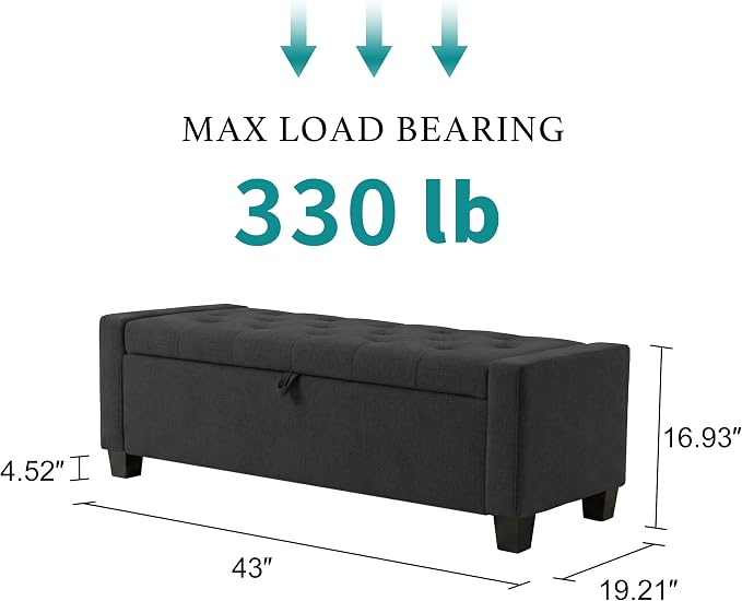 Huatean Home 43" Ottoman with Storage, Storage Ottoman Bench with Safety Hinge, Upholstered Entryway Bench with Seating for Bedroom, Living Room, Holds up to 330 lb, Dark Gray